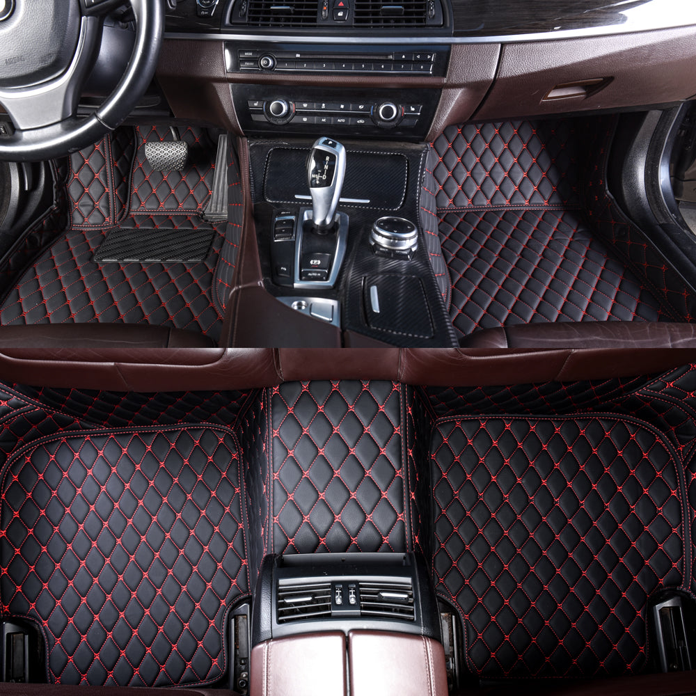 5-Sits Car Interior Floor Mats Front Rear Full Set Black Red Line Leather  Carpet
